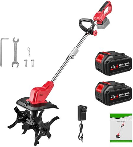 Electric Tiller, 21V Cordless Battery Tiller with 4.0Ah Battery, Three Types of Blades, Double Safety Switch, 30CM Width and 22CM Depth for Gardening and Cultivating