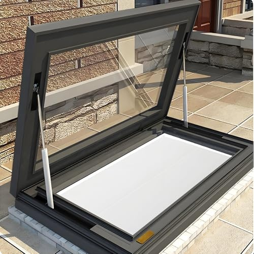Egress Roof Window, Automatic Roof Skylight with Remote Control, Window Well Cover, Double Tempered Glass, UV Prote-ction, Ventilation, Skylight Windows for House Roof, Custom Size(Gray,LxW 70x70cm/27