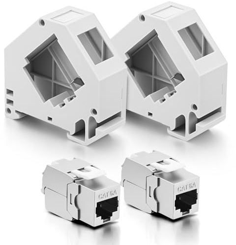 AOOSU 2 Módulos Keystone Cat 6A + 2 Adaptadores de Riel DIN, Soporte Keystone, Adaptador de Riel DIN Estándar de 35 mm para Módulos Keystone de Red Cat6a Cat6 Cat5e, Conector Blindado con Soporte