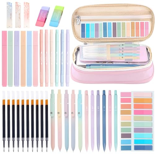 Moerstar Set Scuola Cancelleria bambina, Kit Astuccio con Evidenziatori Pastello, Matite Meccaniche, Penne Gel, Gomma, Forniture Scolastiche per Compleanno, Premi di Classe, Regali