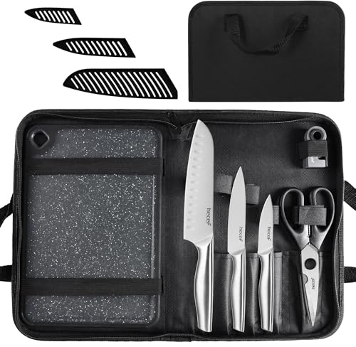 hecef juego de cuchillos de cocina profesionales de acero inoxidable con bolsa para cuchillos, fundas, tabla de cortar reversible, afilador de 2 etapas y tijeras, 10 piezas, para camping y viajes