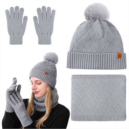 Set de Bufanda Gorro y Guantes para Mujer 3 Piezas Invierno Gorro de Punto Termicos Guantes Tactiles Bufanda Conjunto con Forro Polar Invierno Regalos para Navidad, Gris