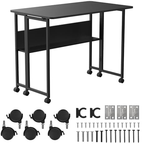 Maclean MC-126 B Escritorio Móvil Plegable 100x58 cm con Estante | Estructura de Acero | Capacidad de Carga 50 kg | Escritorio para Computadora, Mesa de Trabajo, Mesa de Oficina con Ruedas