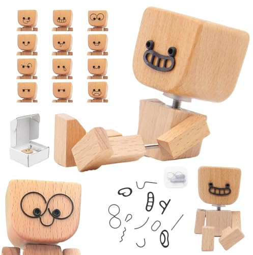 Tbintul Bambola Di Legno Con Piedi Tremolanti, Affascinante Piccola Figura in Legno che Oondeggia con 12 Espressioni, ornamenti per Auto Fatti a Mano per Cruscotto Auto Desktop Ornamenti