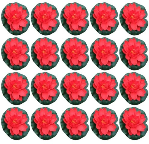 Gettimore Lot de 20 nénuphars rouges artificiels pour bassin de jardin, 10 cm de diamètre, mousse EVA, fleur de lotus décorative réaliste, 10 cm de large, rouge