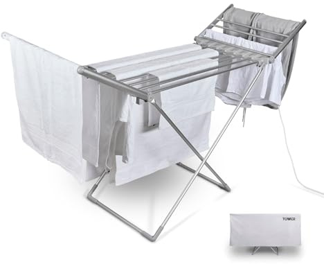 Tower Heated Winged Clothes Airer with Thermal Cover, Low-Energy Dryer, 12.6m Drying Space, Foldable, Compact Design, 15kg Capacity, 230W, Silver