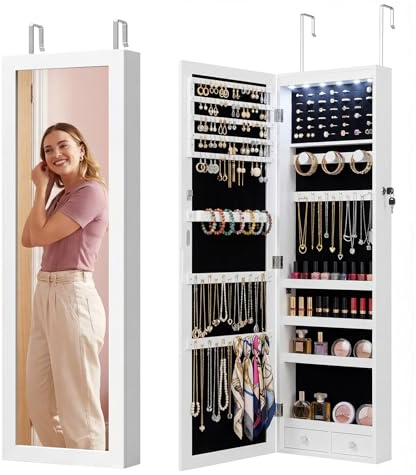 Antok 6 LEDs Jewelry Cabinet with Lock, 48 Full Length Mirror Wall Mounted or Over The Door Jewelry Organizer, Large Capacity Storage for Bedroom&Cloakroom&Entryway, Gift for Women, White