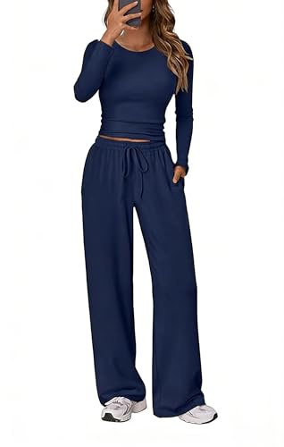 BEWECASU Women 2Pcs Lounge Set Long Sleeve Top Tracksuits Wide Leg Drawstring Pants Set with Pockets(Navy,M)