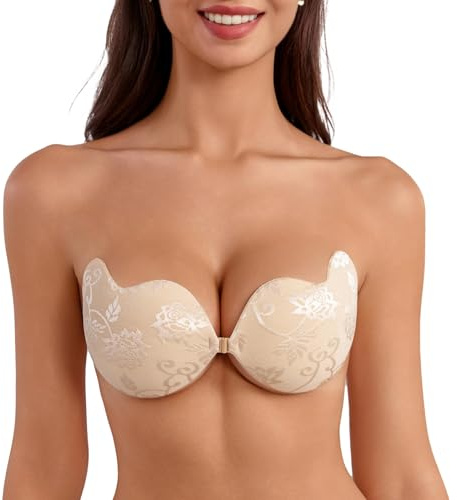 XTAIQD Women's Invisible Strapless Bra, Reusable Sticky Bra Skin-Friendly Stick on Push Up Bra Lace Adhesive Bra for Party, Bar, Beach, and Everyday Wearing Backless Bra for Women