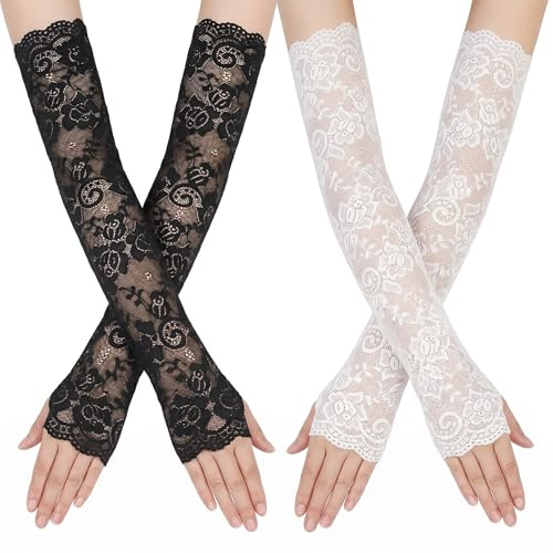 KIMHOME 2 pares de guantes largos de encaje sin dedos, guantes de novia de encaje floral hasta el codo para bodas, bailes, óperas y fiestas de máscaras (negro)
