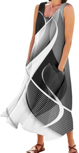 Robe Été Femme Coton Lin - Robe Midi Ample Fluide sans Manches Col Rond - Bohème Chic à Motifs Floraux avec Poches - Trapeze Tunique pour Saison Chaude