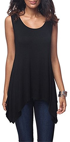 Dreamskull Damen Frauen T Shirts Oberteile Blusen Tops Tunika Tuniken Longshirt Lang Basic Rückenfrei Ärmellos Asymetrisch Baumwolle Sommer Alltag Casual Locker Lässig Stretch S-3XL (M, Schwarz)