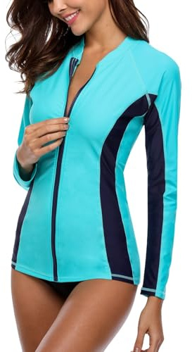 Charmo Ladies Zipper UV Protection Rash Vest Long Sleeve Athletic Rashguard Swimwear Tops Aqua/Navy M