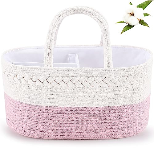 ABenkle Diaper Caddy Organizer - Cotton Rope Nursery Storage Basket for Baby Essentials, Boys & Girls Shower Gift, Changing Table Organizer, Pink
