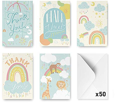 Rileys & Co Baby Shower Tarjetas de agradecimiento Surtido, 50 unidades | 5 diseños ilustrados a mano, sobres incluidos, paquete variado... (clásico)