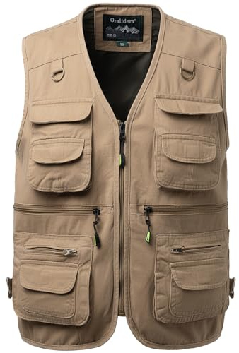 Oralidera Hommes Coton Extérieure Gilet de pêche Multi-Poches Gilet Photographie Chasse sans Manche Veste de Sport Gilet Journaliste