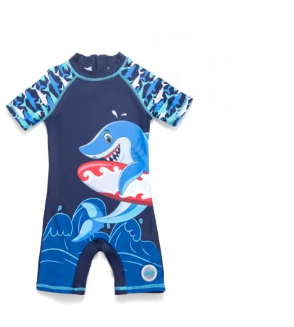 BONVERANO Bañador de una Pieza para bebé recién Nacido, Mangas largas, protección UV 50+, bañador con Cremallera(Azul-tiburón,12-18meses