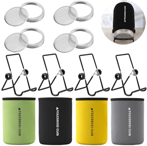 VOLCANOES CLUB Sprouting Lids Growing Kit - 316 Stainless Steel Sprouting Lids for 86mm Wide Mouth Mason Jar with Stands & Blackout Sleeves - Organic Sprouts, Broccoli, Alfalfa Sprout Kit (Set of 4)