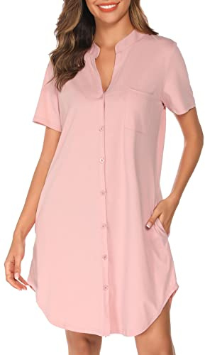 Vlazom Camicie da Notte Donna in Cotone Estiva Scollo a V a Manica Corta Bottoni Davanti,S,B-Rosa