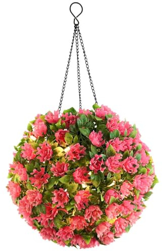 DOITOOL Solar Flower Chandeliers Hanging Topiary Balls Outdoor Led Pink Artificial Plants Decorative Lights for Garden Patio Wedding 8.25X8.65X16.7 Inches