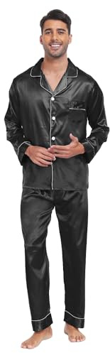 North Bund Pigiama da Uomo Raso Maniche Lunga Pantaloni Due Pezzi Camicia da Notte Caldo Lounge Set Morbido Seta Sleepwear Aperto Davanti Casa Loungewear con Tasche Nero XXL