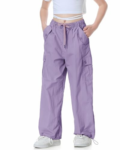 Rolanko Pantalón Cargo Paracaídas Holgado para Niña, Y2K Vintage Joggers con Cintura Elástica Ajustable para Niños Fit, Morado, Talla:170