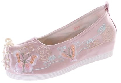 BJ-002-1 Rosa Mariposa Satén Bordado Vintage Hanfu Bailarina Zapatos de Tela China Zapatos Slipper Pumps Antideslizante, Rosa., 37 EU Estrecho