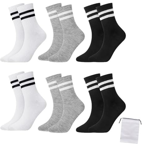 GMXJGZ 6 Paar Tennissocken Damen 39-42 Tennissocken Herren Sport Socken Tennis Socken tennissocken familie Streifen Socken Baumwolle für Damen und Herren mit Aufbewahrungstasche (Schwarz,Weiß,Grau)