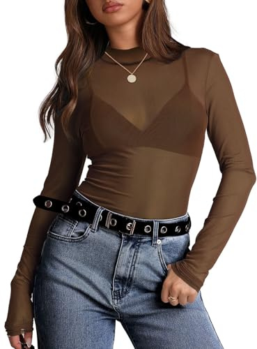 Mesh Top Womens Mock Neck Tops Sheer Long Sleeve Clubwear See Through Dressy Coffee L