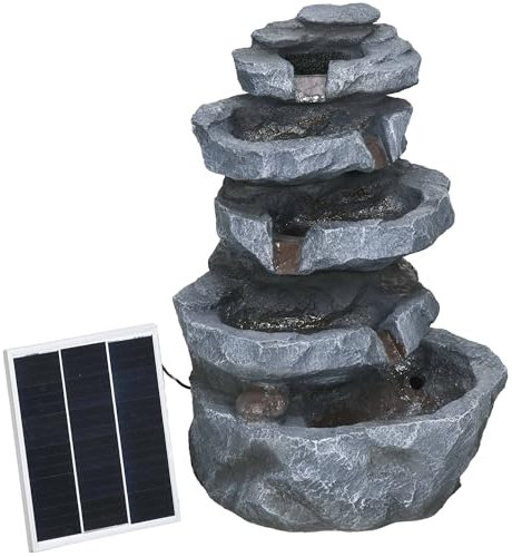 Outsunny Fontaine de Jardin à énergie Solaire Roche en Cascade à 5 Niveaux en résine avec lumières LED et Pompe dim. 38L x 31l x 55H cm Gris