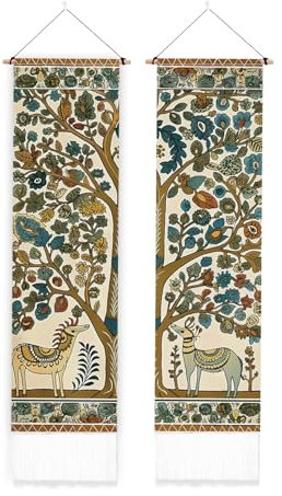 PLIGREAT 2 Pack Deer and Tree Tapestries, Long Narrow Wall Tapestry Popular Art Style Aesthetic Wall Hanging Vertical Wall Hanging Tapestry for Bedroom Living Room