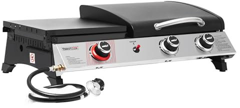 Royal Gourmet PD1305H Barbecue portable à gaz propane à 3 brûleurs et plaque de cuisson avec couvercle, 29 000 BTU, station combinée pour la cuisson en plein air, 405 m², surface de cuisson, argent et