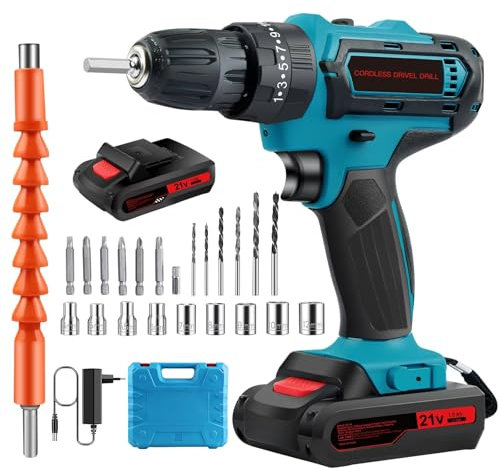 Taladro Percutor a Bateria 21V, Atornillador Electrico Taladro Atornillador Bateria Taladro Percutor Taladro Electrico, 23 Accesorios, 25+3 Ajuste de Par