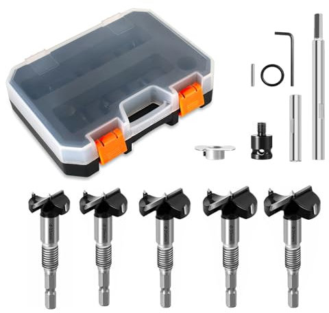Multifunktionales ForstnerBohrer Set, Neu verbesserter Forstner Bohrer Bit Mit Verlängerungsstange, Tiefenanschlag, M10-Verbindungsstange Holzbohrer 15mm, 20mm, 25mm, 30mm, 35mm