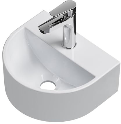 EMKE Lavabo Semi-Circulaire 303 x 255 x 120 mm, Vasque Suspendu à Fixer au Mur, Lavabo en Céramique pour WC Invités et Salle de Bain, Design Moderne, Blanc Brillant