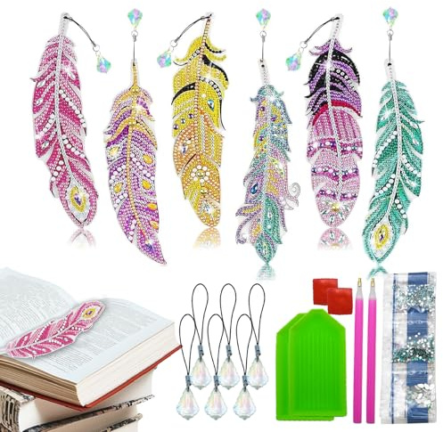 PXBSNB Diamond Painting Lesezeichen Feder, 6 Stück Diamond Painting Kinder, Diamant Painting Bookmark mit Kristall Anhänger, DIY Bastelset Mädchen 5-12 Jahre für Ostern Geschenke Seite Markierung