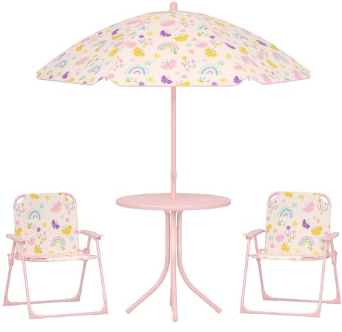AIYAPLAY Children Table and Chair Set Kids 2-5 Adjustable Parasol Pink | 2 Folding Chairs, Picnic Table, Rainbow Pattern Outdoor Patio Set