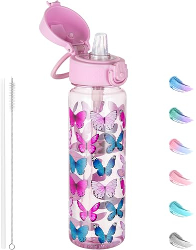GOPPUS 500ml/17oz Clear Tritan Water Bottle with Straw Transparent Childrens Drinks Bottle with Carrying Handle See Through Measured Kid Bottles with Flip Top Lid Leakproof BPA Free (Pink Butterfly)