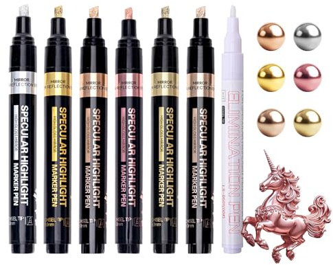 Resiners Chrome Paint Markers for Resin, 7 PCS Mirror Finish Metallic Pens | A Color-Eliminating Pen and 6 Colors Mirror-Finish Chrome Markers, 2-5mm Tips for Epoxy Resin, Models, Glass, Metal & Crafts