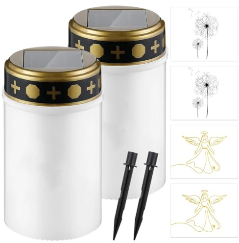 Juego de 2 luces solares LED para tumbas con estaca, resistentes a la intemperie, para exteriores, sin llama, velas led para cementerio, velas para tumbas con batería, temporizador, farol solar, luces