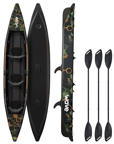 Wave Navigator 3.0 - Kayak inflable - Carcasa rígida de punto de caída - Juego completo con remo, bomba y asiento, estable y portátil para lagos y ríos - Camuflaje - 3 plazas