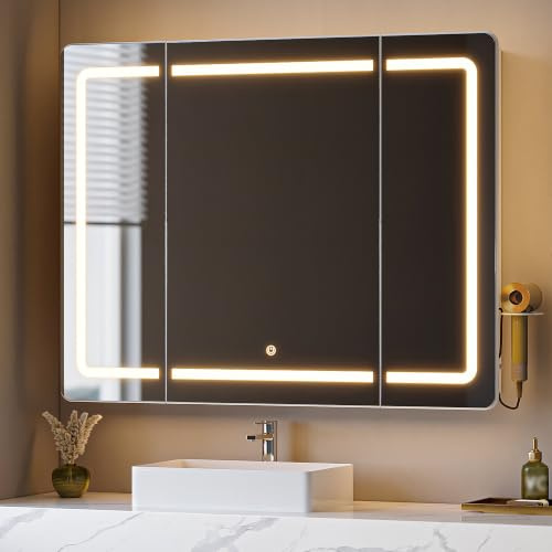 Hzuaneri Armario Espejo Baño, Espejo 3P Plegable, 16,5 x 100 x 75cm, Blanco