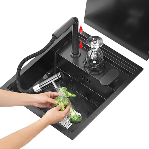 45 * 38 cm dold diskbänk med lock, utdragbar kran och glasskölj – Platsbesparande rostfritt stål med enkel ho för husbil, kafé, bardisk(Black steel)