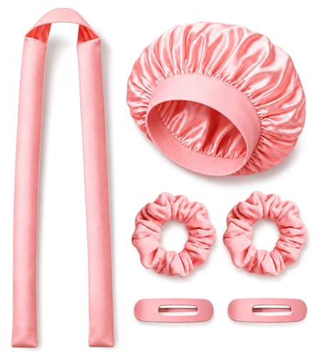 Kit Boucleur Cheveux Sans Chaleur avec Bonnet de Nuit en Satin, Ruban à Boucler, Chouchous et Pinces à Cheveux pour Ondulations Naturelles (Rose Clair)