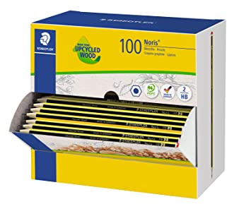 STAEDTLER Bleistift Noris 120, Made from Upcycled Wood, Rutschfeste Soft-Oberfläche, hohe Buchfestigkeit, hohe Qualität Made in Germany, 100 Stück im Stiftspender, Härtegrad HB, 120HBCA1 P