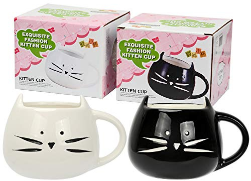 2 Pack, Ilyever Funny cute Little Cat caffè tè latte tazza regalo tazza in ceramica, bianco + nero
