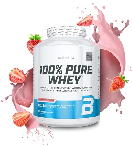 BioTechUSA 100% Pure Whey | Poudre de protéines avec BCAA et Glutamine | Sans gluten, sans huile de palme | 21g de protéines par portion, 2.27 kg, Fraise