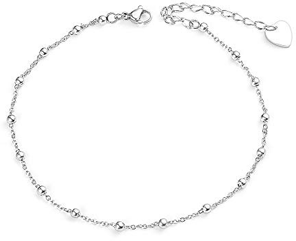 VU100 bracelet de cheville coeur délicat pour femme en acier inoxydable 316L avec perles porte-bonheur ornement de pied de plage pied nu bracelet de cheville réglabl