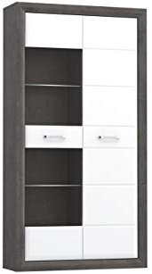 Vitrine Lennox New ENXV721L, Standvitrine, Wohnzimmerschrank, Vitrinenschrank mit 2 Türen, Betonoptik mit Weiß Hochglanz (Mit Beleuchtung)