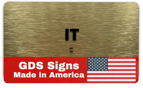 IT (Informational Technology) Sign by GDS - ADA Compliant/Raised Icons & Grade 2 Braille - With Adhesive Strips for Easy Installation - Signs for Businesses - 7W x 4H (Brushed Gold) - Made in USA